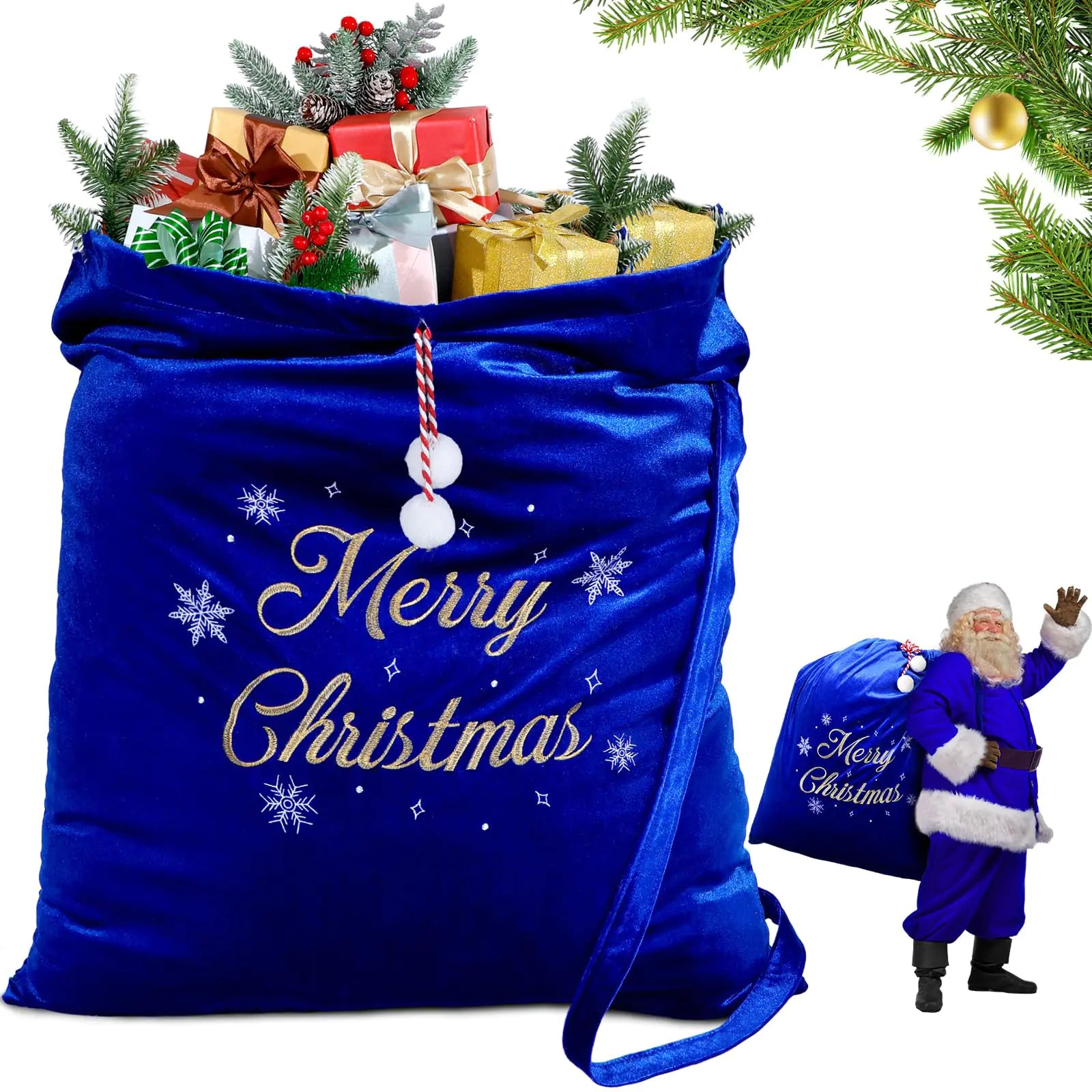 WILLBOND Large Christmas Velvet Santa Gift Bags 36 x 30 Santa Gift Sack with Drawstring Santa Claus Bag Christmas Gift Presents Bags for Santa Costume Holiday Party Supplies Gift Wrap(Royal Blue)