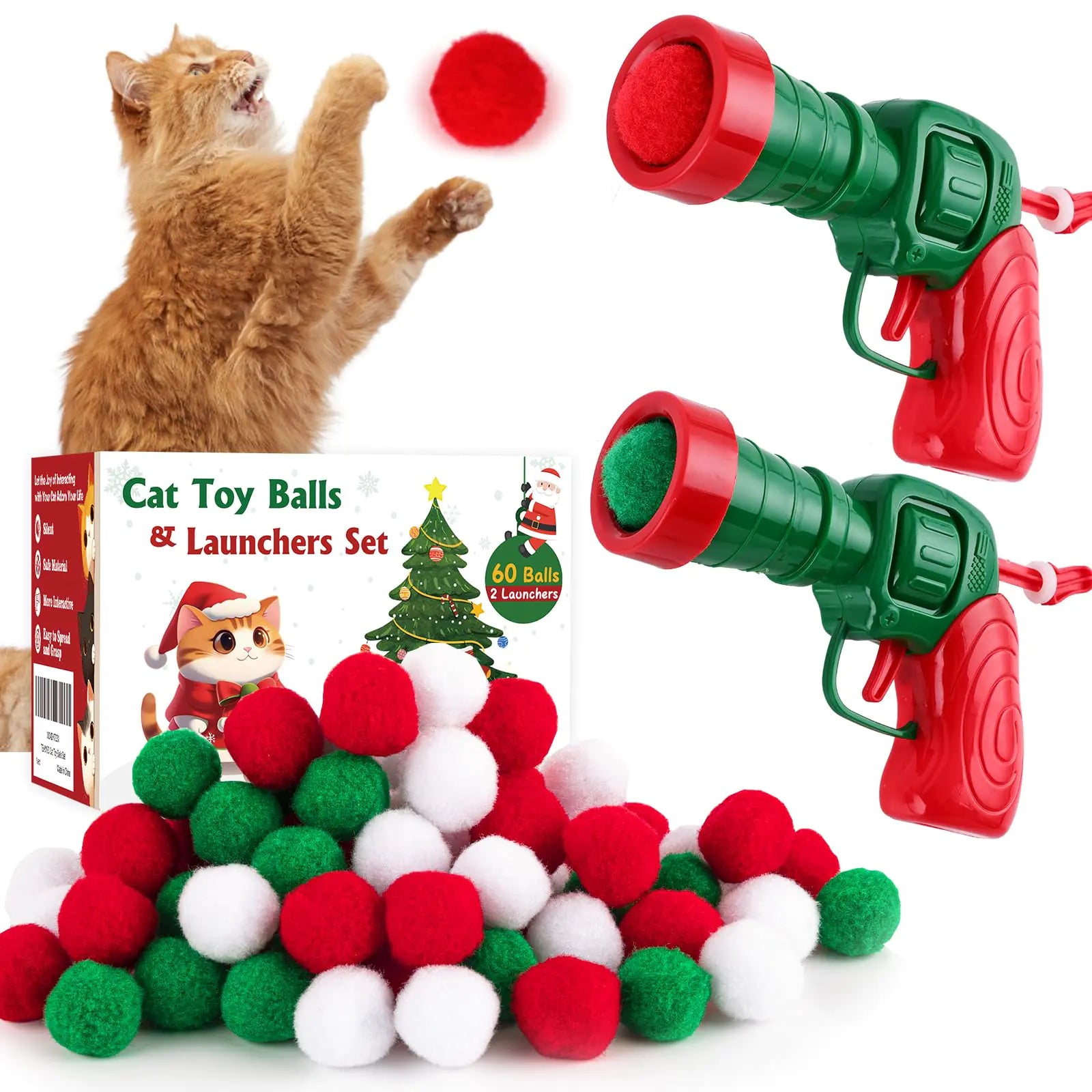 60 Cat Pom Pom Balls & 2 Launchers